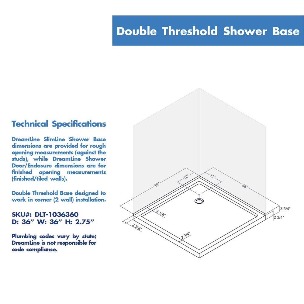 DreamLine SlimLine 36" W X 36" D Double Threshold Shower Base & Reviews ...